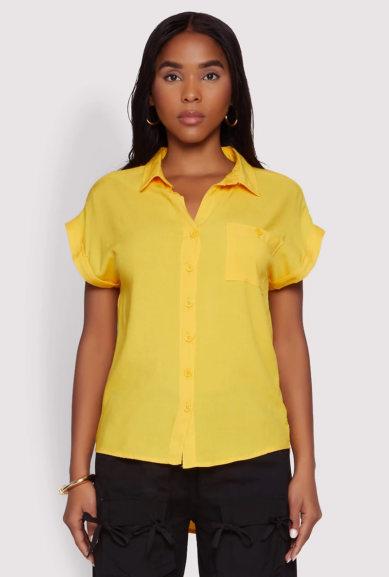 Womens Fixed Cuff Short Sleeve Shirt, Yellow, Size M