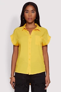 Womens Fixed Cuff Short Sleeve Shirt, Yellow, Size M