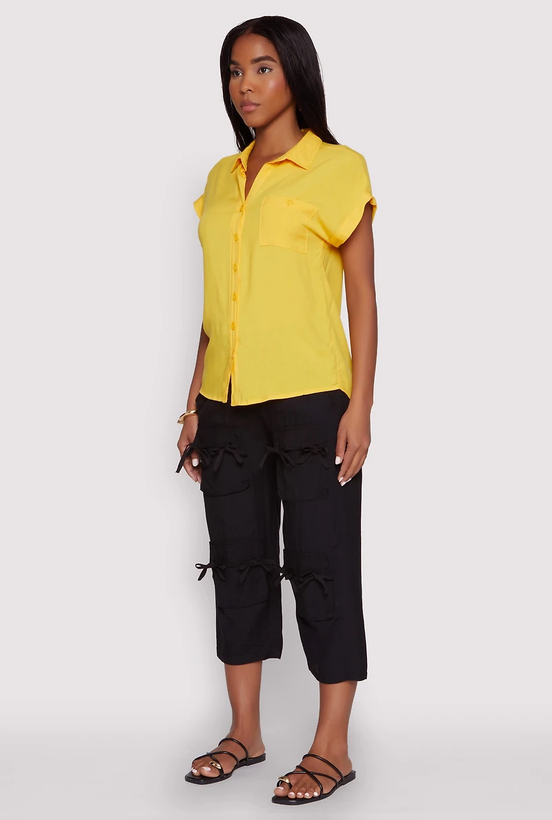 Womens Fixed Cuff Short Sleeve Shirt, Yellow, Size M