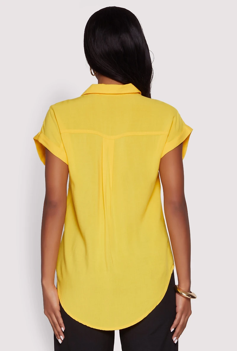 Womens Fixed Cuff Short Sleeve Shirt, Yellow, Size M