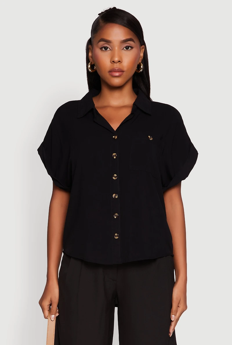 Womens Fixed Cuff High Low Button Front Shirt,