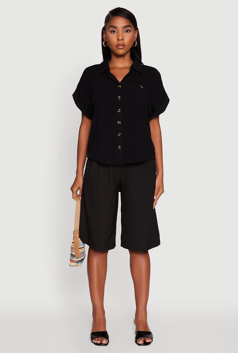 Womens Fixed Cuff High Low Button Front Shirt,