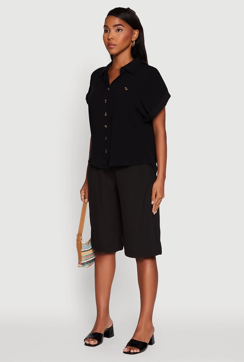 Fixed Cuff High Low Button Front Shirt