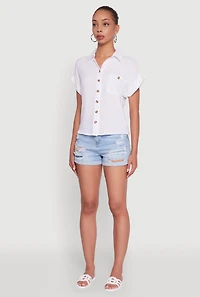 Womens Fixed Cuff High Low Button Front Shirt, White, Size M
