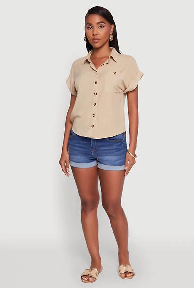 Womens Fixed Cuff High Low Button Front Shirt,