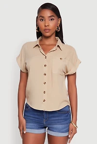 Womens Fixed Cuff High Low Button Front Shirt, Beige, Size L