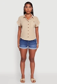 Womens Fixed Cuff High Low Button Front Shirt, Beige, Size L
