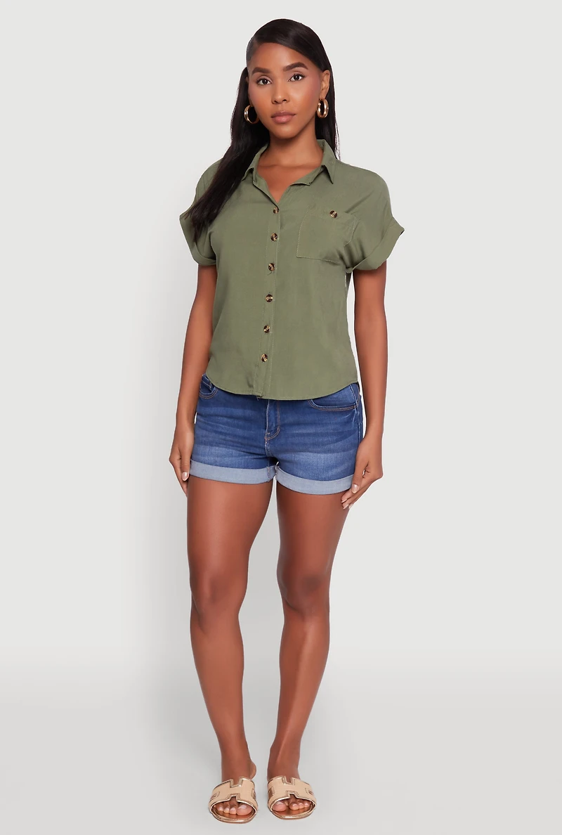 Womens Fixed Cuff High Low Button Front Shirt, Green, Size M