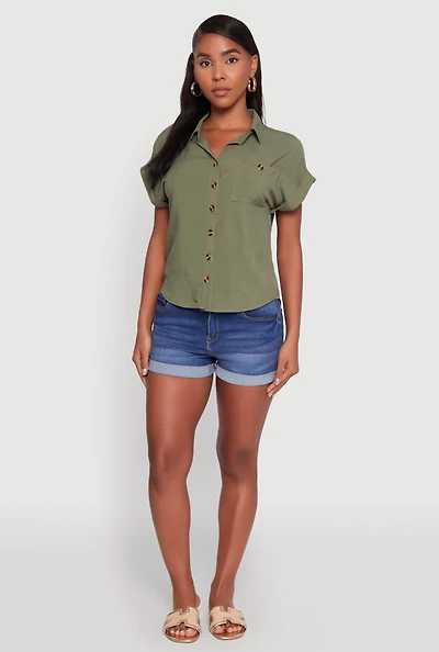 Womens Fixed Cuff High Low Button Front Shirt, Green, Size M