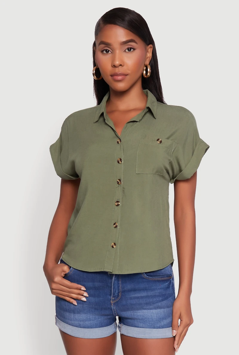 Womens Fixed Cuff High Low Button Front Shirt, Green, Size M