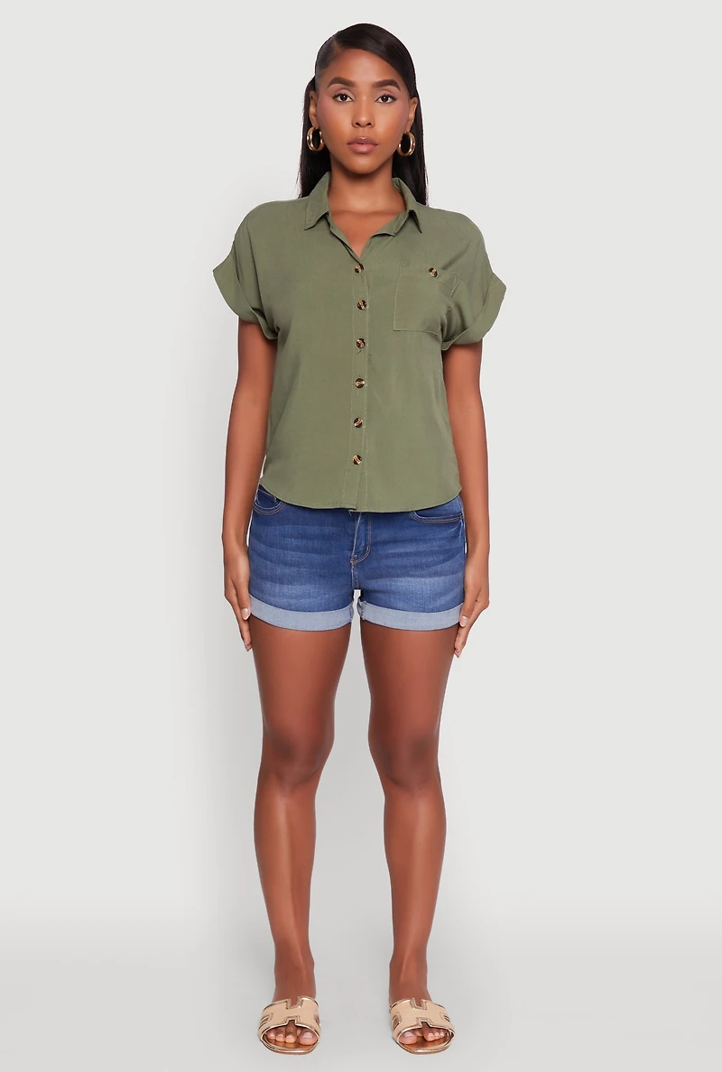 Womens Fixed Cuff High Low Button Front Shirt, Green, Size M