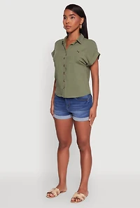 Womens Fixed Cuff High Low Button Front Shirt, Green, Size M
