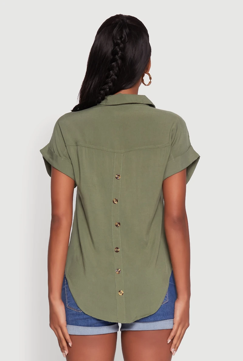 Womens Fixed Cuff High Low Button Front Shirt, Green, Size M
