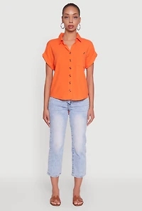 Womens Fixed Cuff High Low Button Front Shirt,