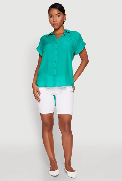 Womens Fixed Cuff Button Front Shirt, Green, Size S