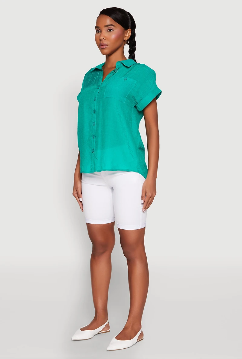Womens Fixed Cuff Button Front Shirt, Green, Size L