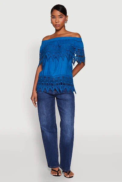 Womens Lace Trim Off the Shoulder Blouse, Blue, Size XL