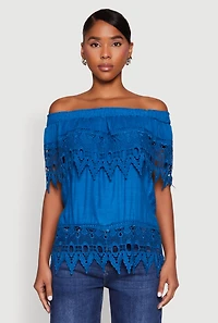 Womens Lace Trim Off the Shoulder Blouse, Blue, Size XL