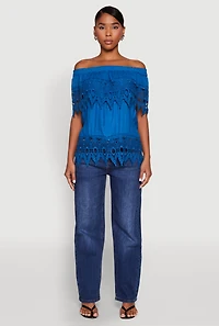 Womens Lace Trim Off the Shoulder Blouse, Blue, Size XL