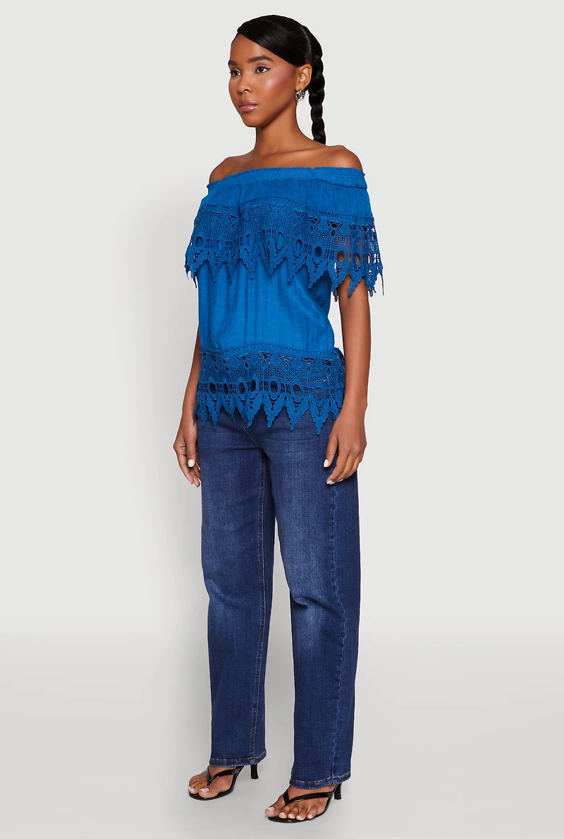 Womens Lace Trim Off the Shoulder Blouse, Blue, Size XL