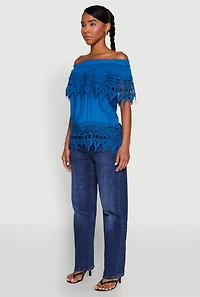 Womens Lace Trim Off the Shoulder Blouse, Blue, Size XL