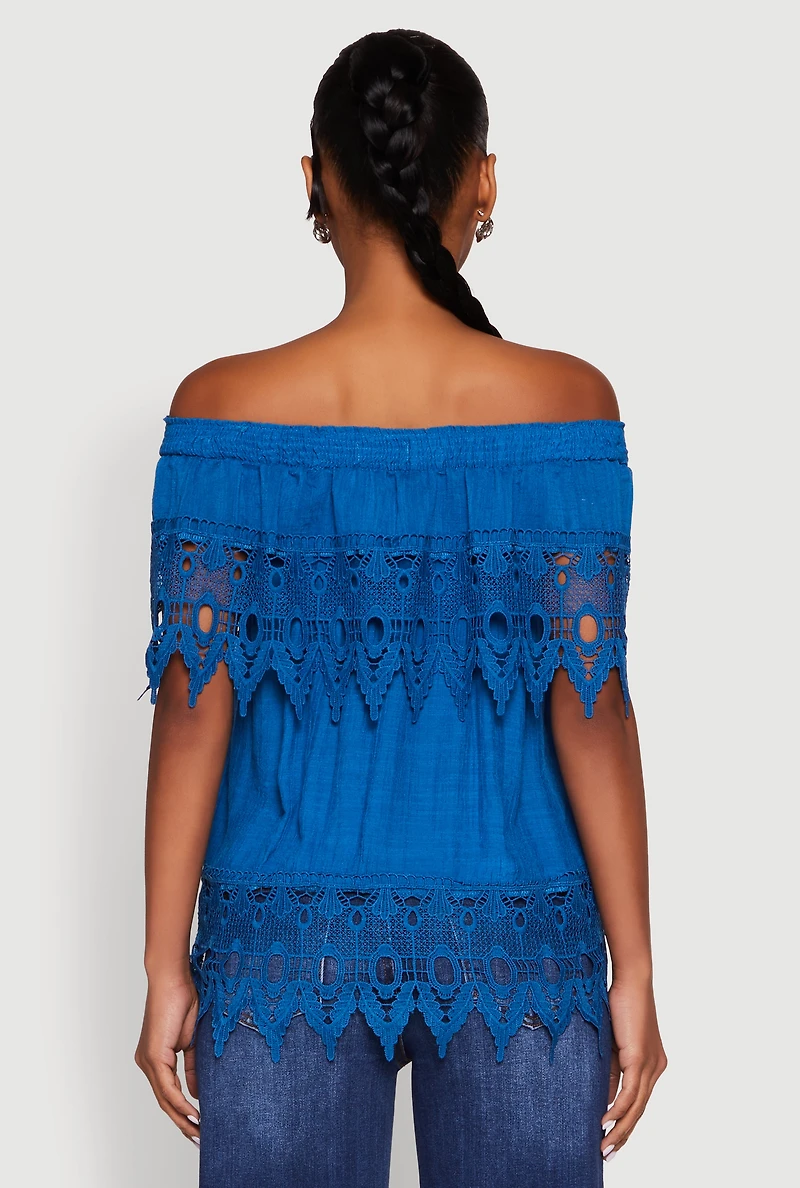 Womens Lace Trim Off the Shoulder Blouse, Blue, Size XL