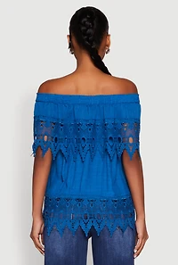 Womens Lace Trim Off the Shoulder Blouse, Blue, Size XL