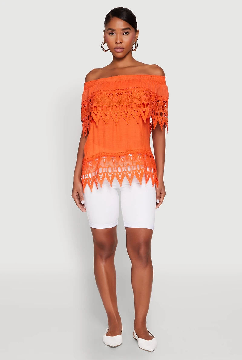 Womens Lace Trim Off the Shoulder Blouse, Orange, Size M