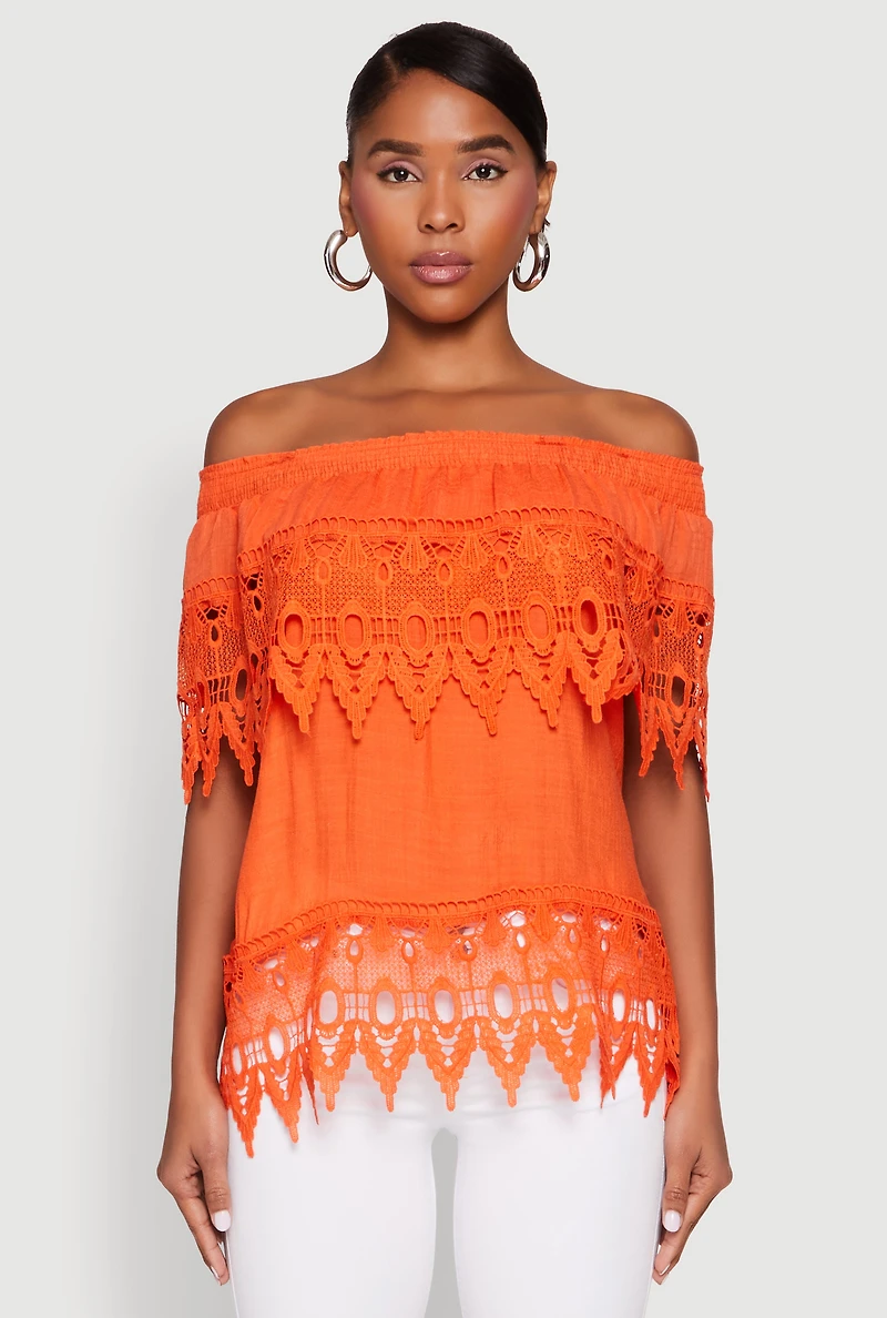 Womens Lace Trim Off the Shoulder Blouse, Orange,