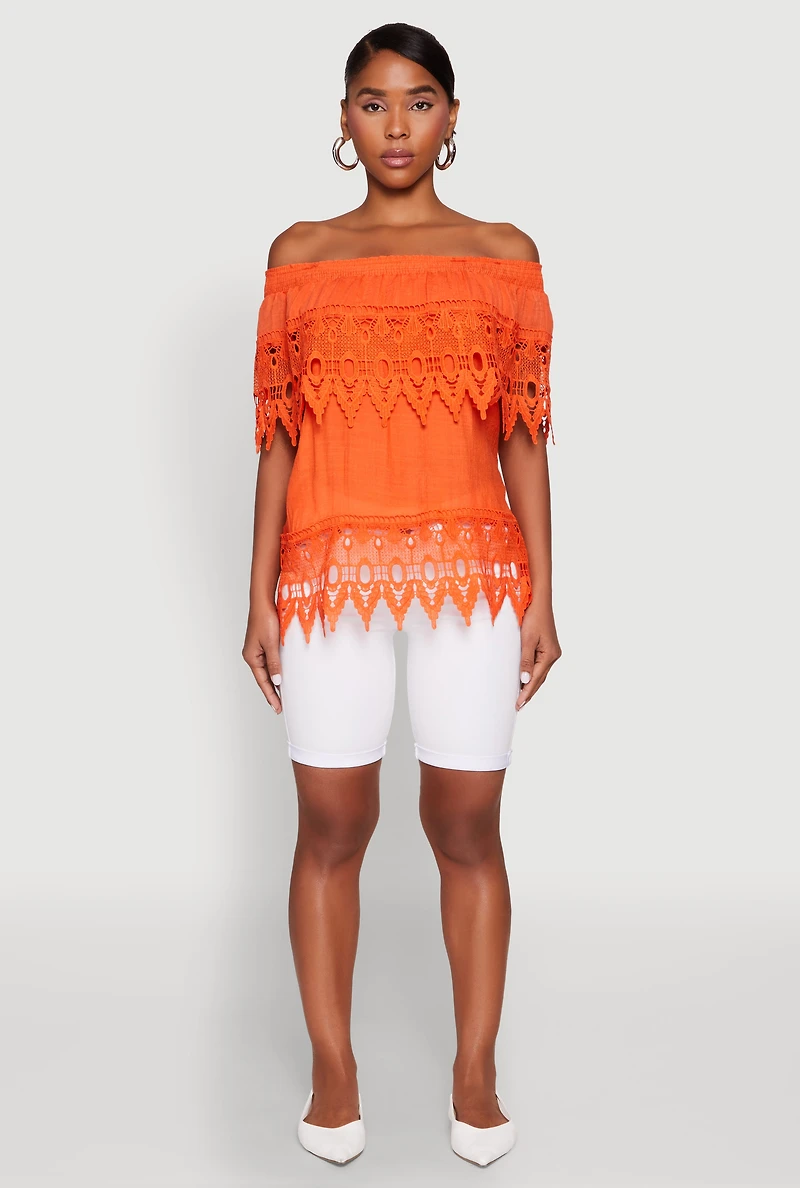 Womens Lace Trim Off the Shoulder Blouse, Orange,