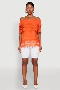 Womens Lace Trim Off the Shoulder Blouse, Orange,