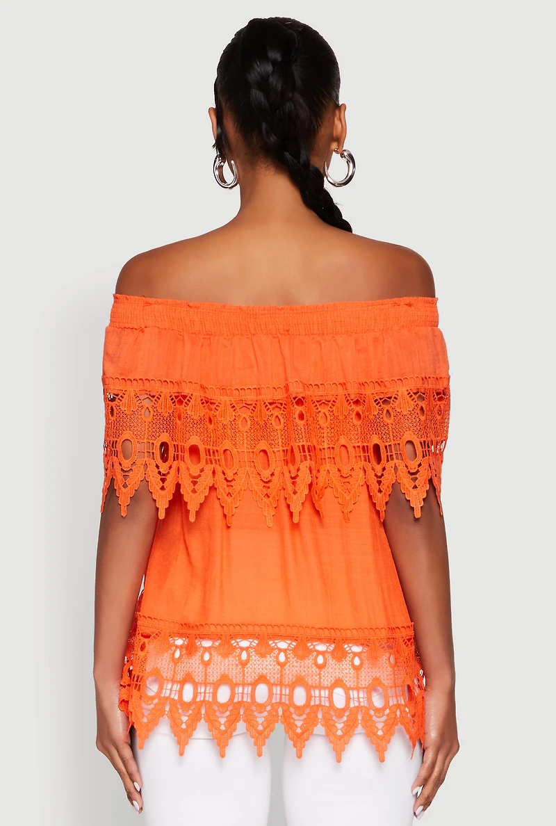 Womens Lace Trim Off the Shoulder Blouse, Orange,