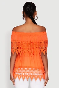 Womens Lace Trim Off the Shoulder Blouse, Orange,
