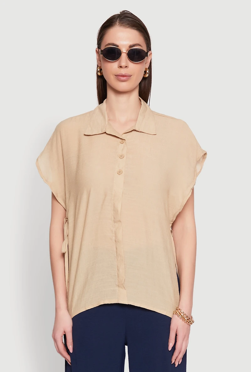 Womens Side Tie Dolman Sleeve Top, Beige, Size M