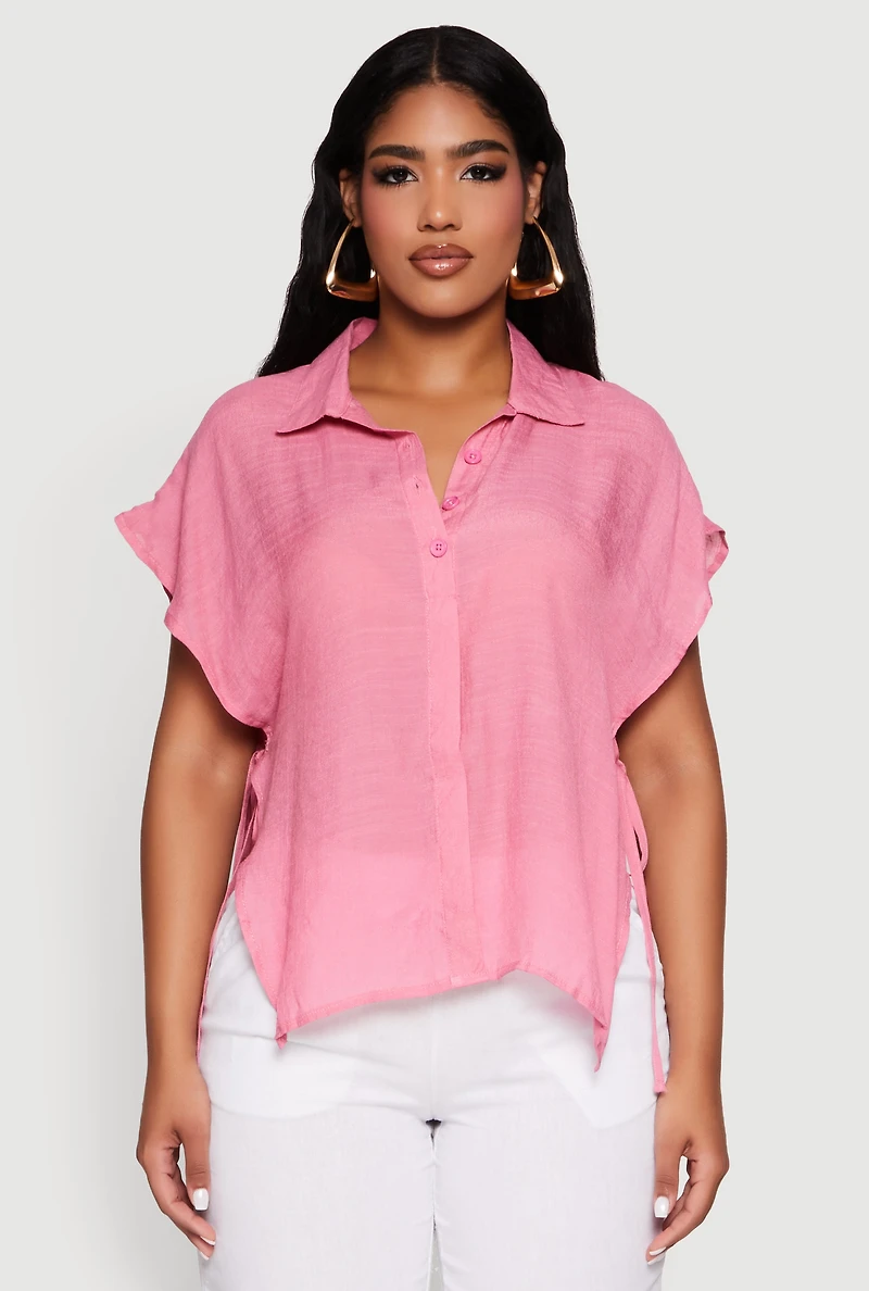 Womens Side Tie Dolman Sleeve Top, Pink, Size L