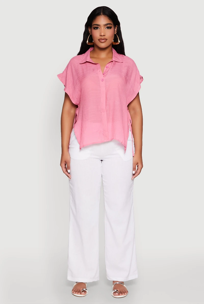 Womens Side Tie Dolman Sleeve Top, Pink, Size L