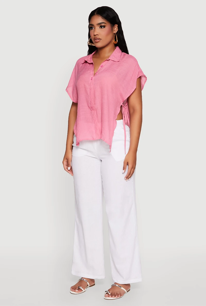 Womens Side Tie Dolman Sleeve Top, Pink, Size L