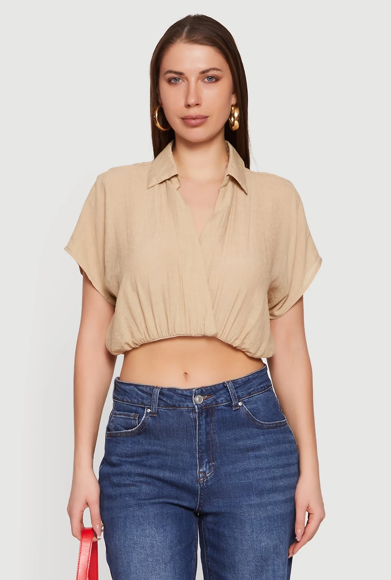 Gauze Knit Short Sleeve Cropped Blouse