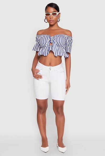 Womens Striped Off the Shoulder Tie Front Crop Top, Blue, Size L