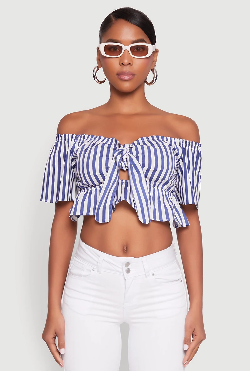 Womens Striped Off the Shoulder Tie Front Crop Top, Blue, Size M
