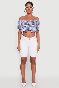 Womens Striped Off the Shoulder Tie Front Crop Top, Blue, Size L