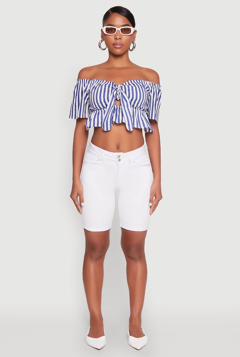 Womens Striped Off the Shoulder Tie Front Crop Top, Blue, Size M