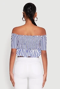 Womens Striped Off the Shoulder Tie Front Crop Top, Blue, Size L