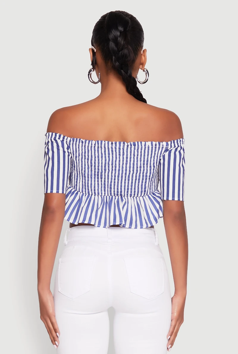 Womens Striped Off the Shoulder Tie Front Crop Top, Blue, Size M