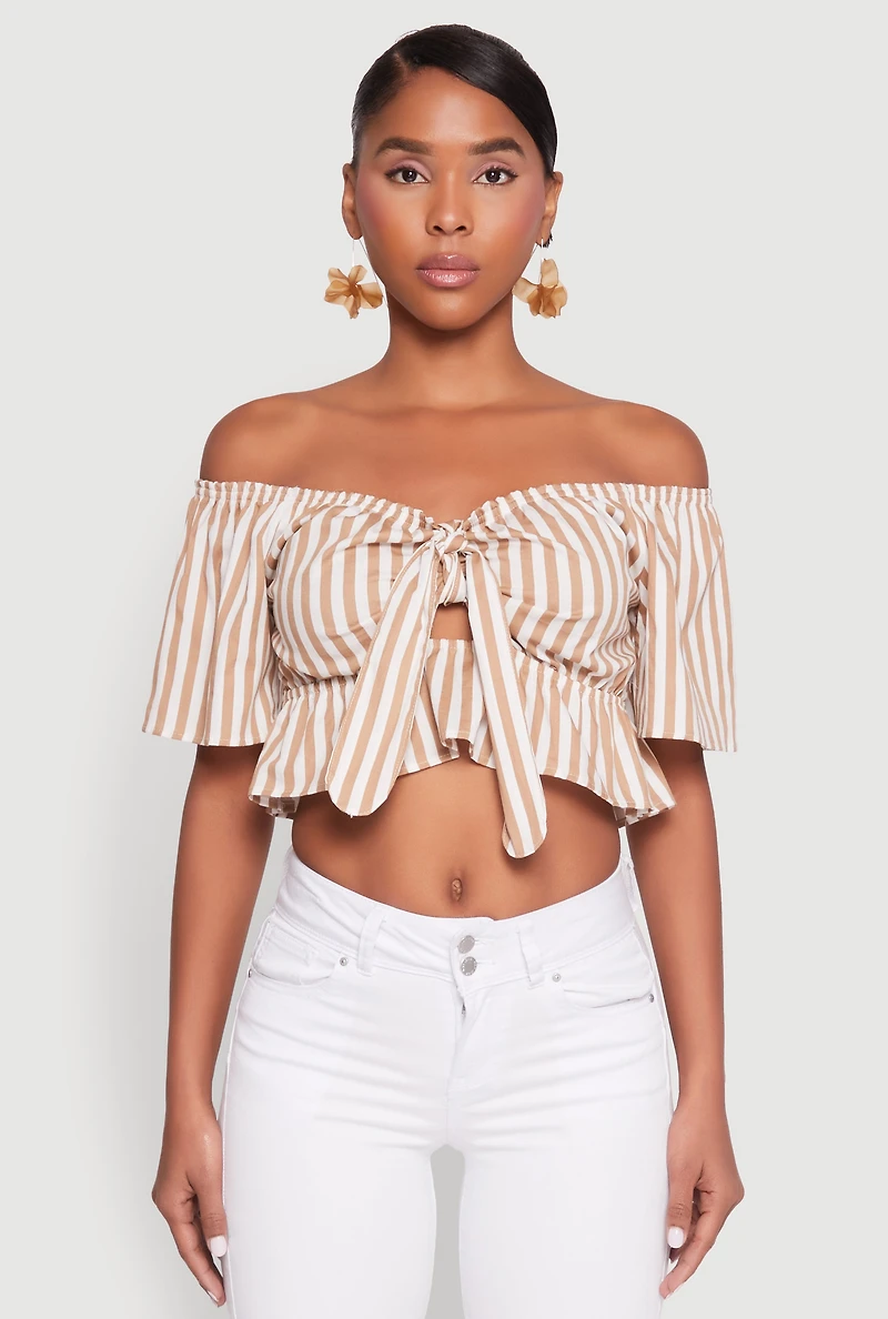 Womens Striped Off the Shoulder Tie Front Crop Top, Beige, Size M