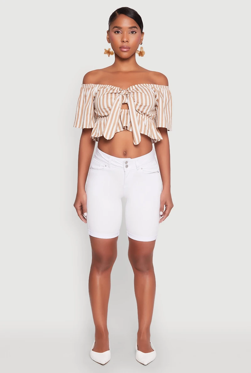 Womens Striped Off the Shoulder Tie Front Crop Top, Beige, Size M