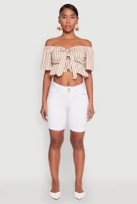 Womens Striped Off the Shoulder Tie Front Crop Top, Beige, Size M