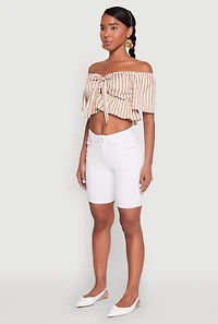 Womens Striped Off the Shoulder Tie Front Crop Top, Beige, Size M