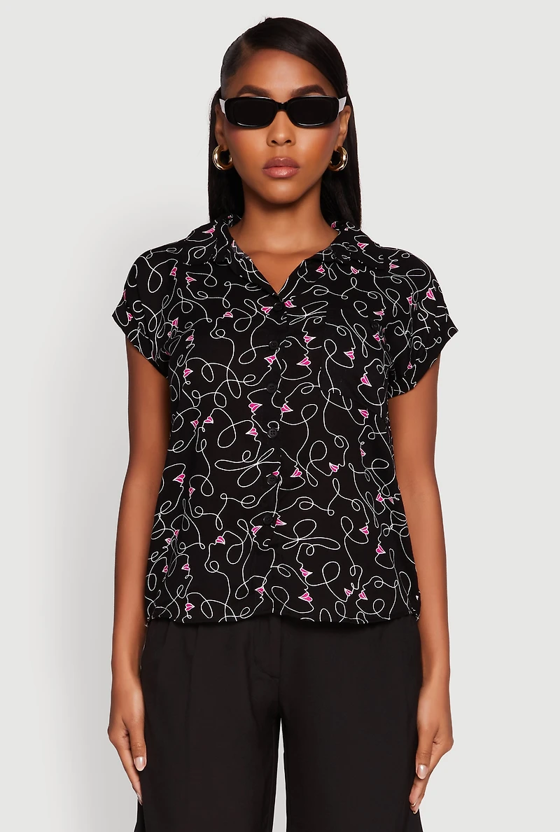 Womens Trendy Classic Fit Abstract Face Print Shirt,