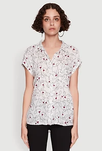 Womens Trendy Classic Fit Abstract Face Print Shirt, White, Size M